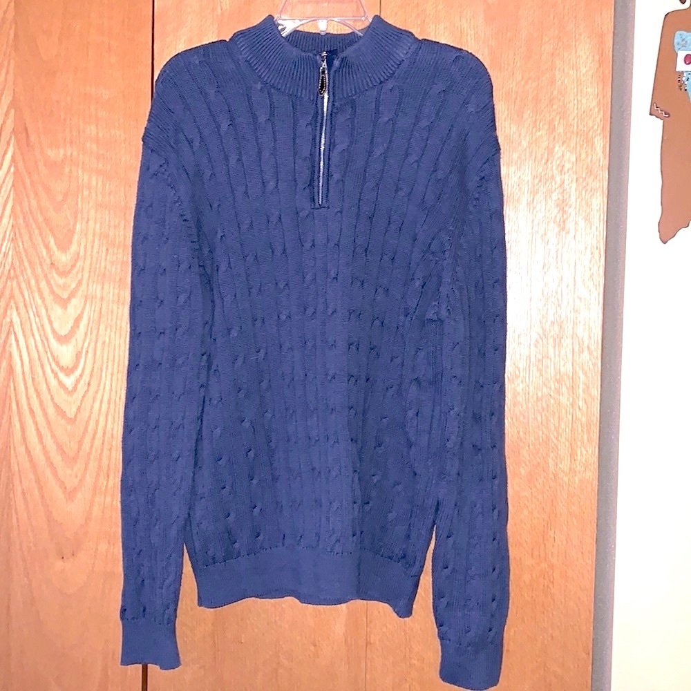 Lyle & Scott Scotland Large cotton cable knit 1/4 zip turtleneck sweater blue